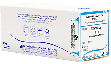 Teflon Pledget Non-Absorbable and Non-Woven White Surgical Polytetrafluoroethylene (PTFE) Pledget - Emilebilir, Dokunmamış ve Beyaz Plejit Keçe Kapalı Kutu - Boz Tıbbi Malzeme